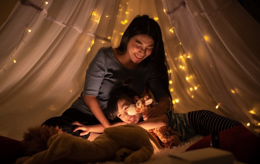 Mom and son having slumber party