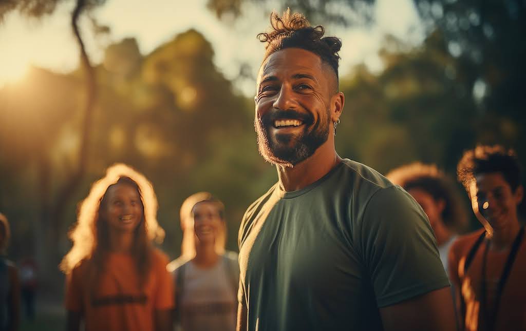 Man Smiling Surrounded by Students