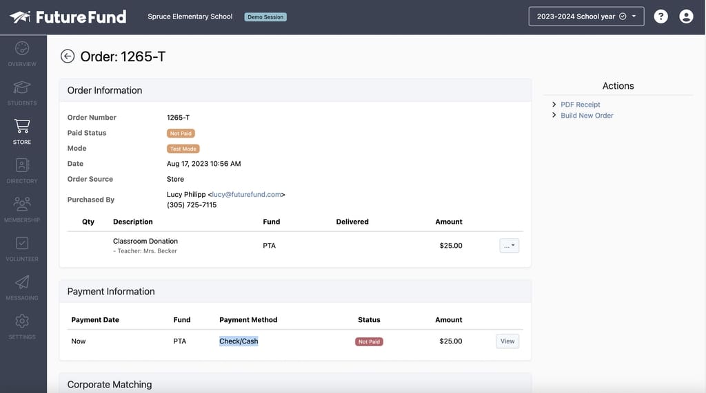 Order details including Payment Method in FutureFund admin