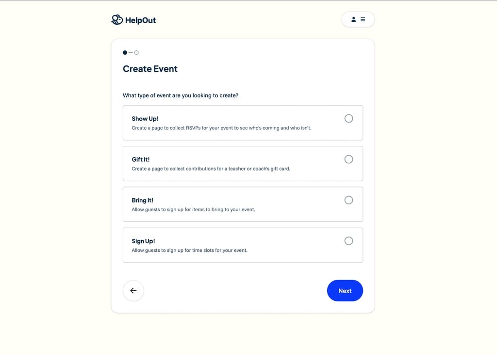 HelpOut Create Event screen