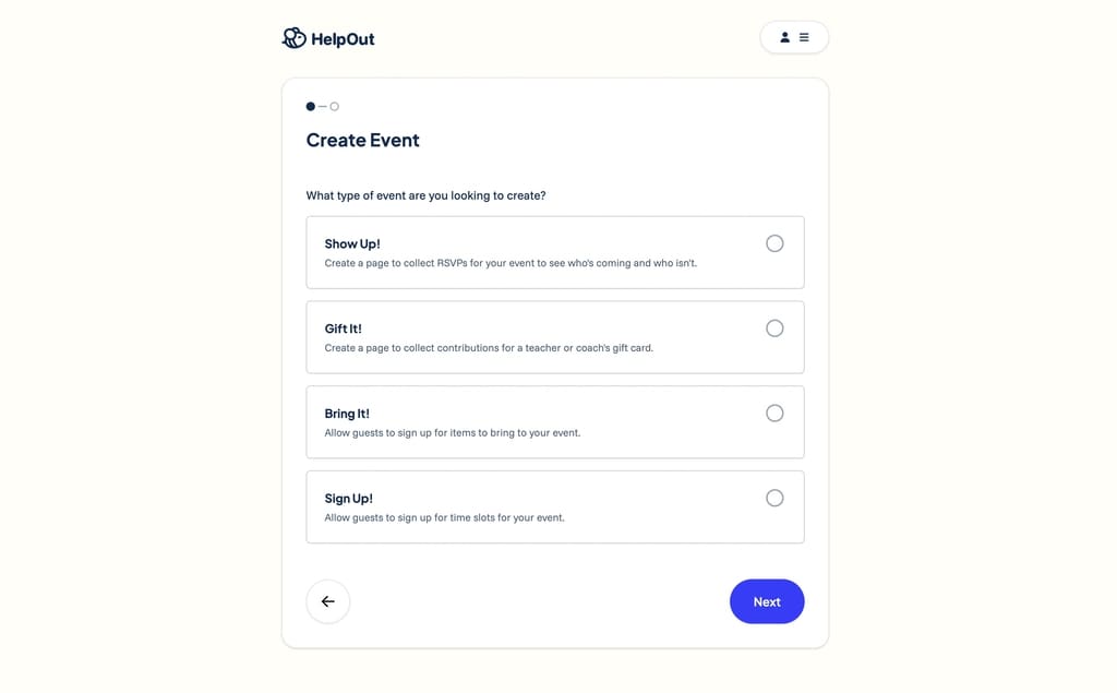 Create Event screen on HelpOut.us app