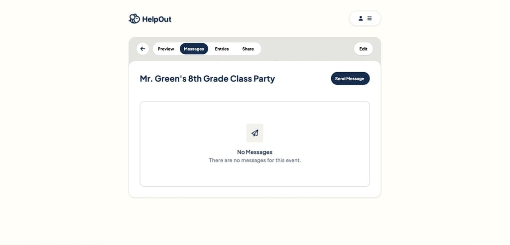 Screenshot of messaging system in backend of Help Out