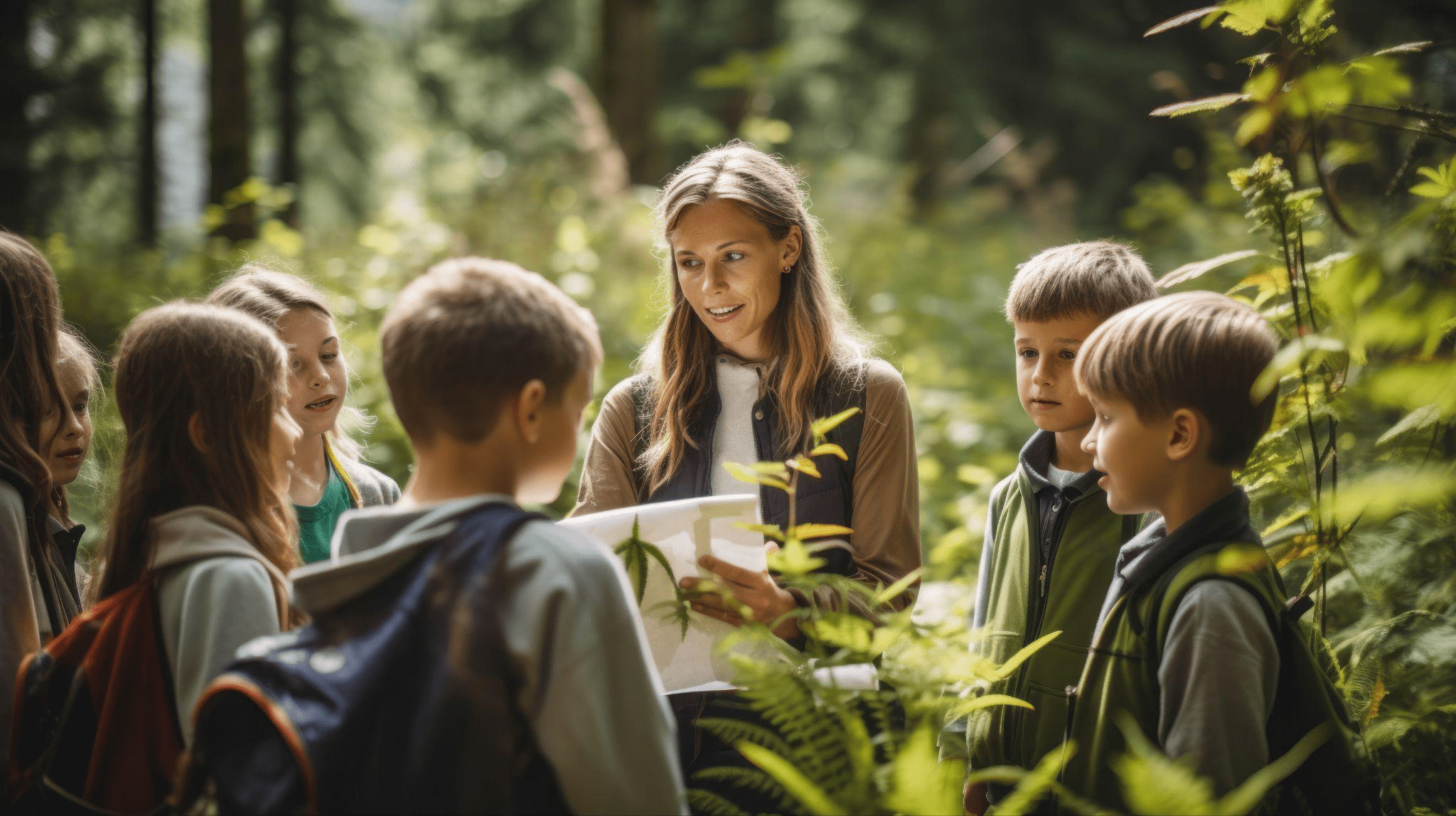 Students learning outdoors with a teacher