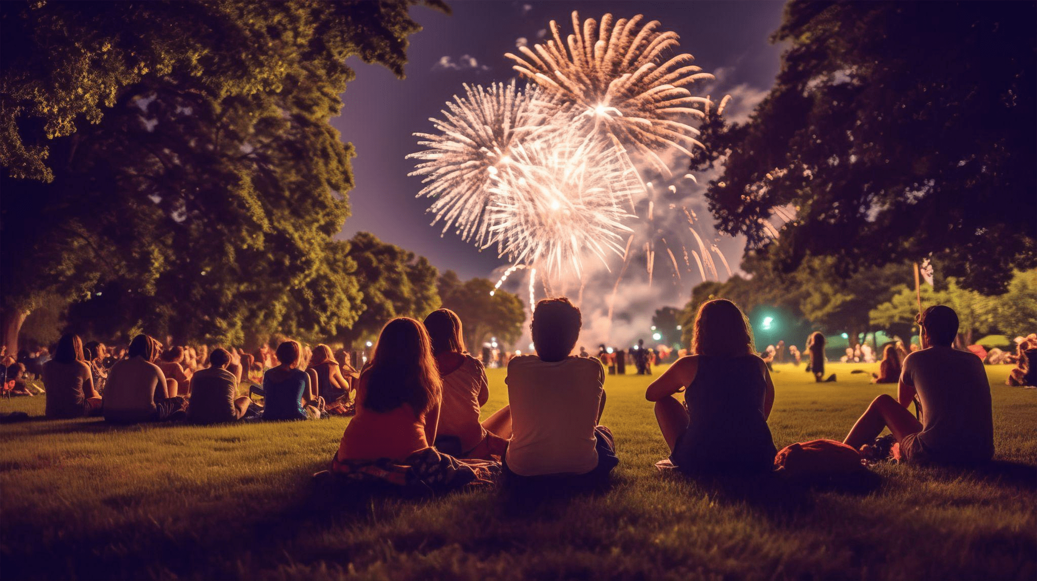 Crowd watching a fireworks show on a summer night